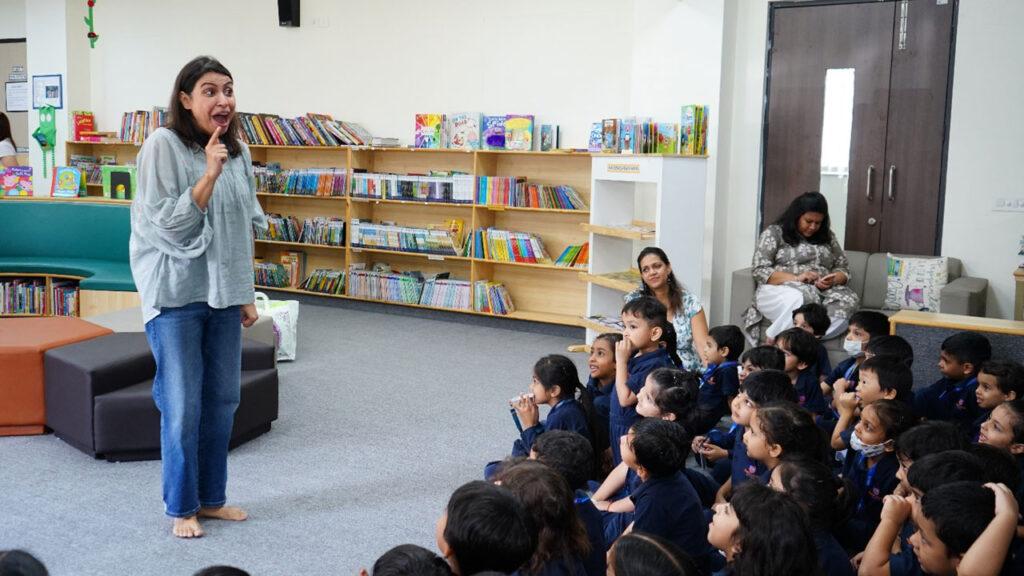 An author visits to Prometheus School to conduct a storytelling session for our young learners