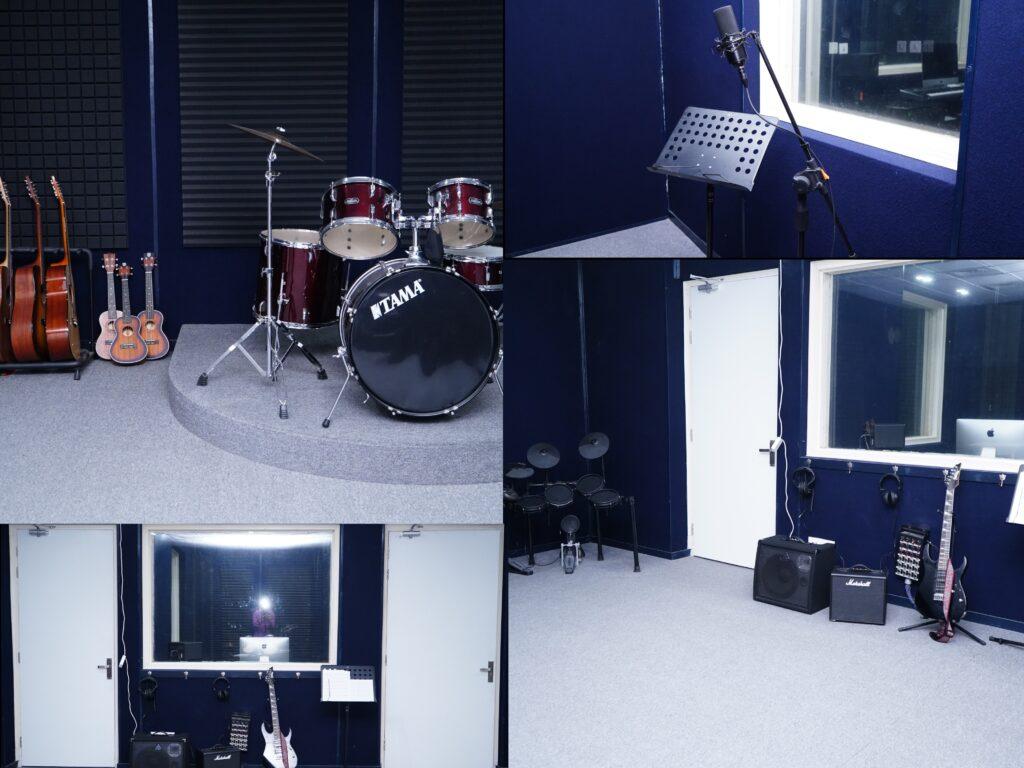 Well-equipped recording studio with instruments and equipment at Prometheus School