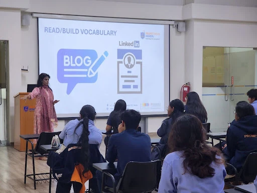 A career counselling session in progress at Prometheus School, focusing on vocabulary building through blogs and LinkedIn.
